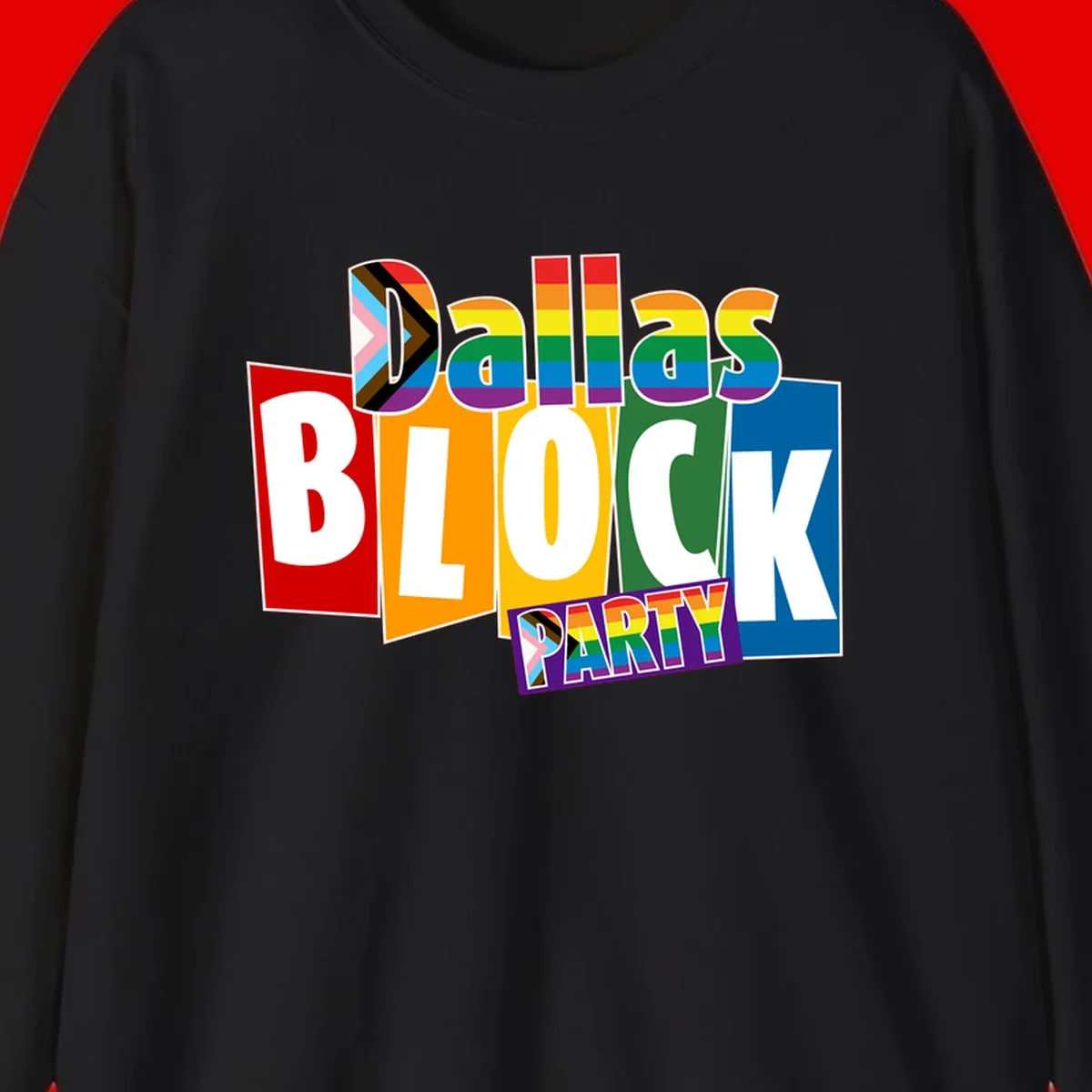 Dudes Block Party Pride design with colorful rainbow stripes, progress pride flag, and bold layered text celebrating LGBTQ+ pride