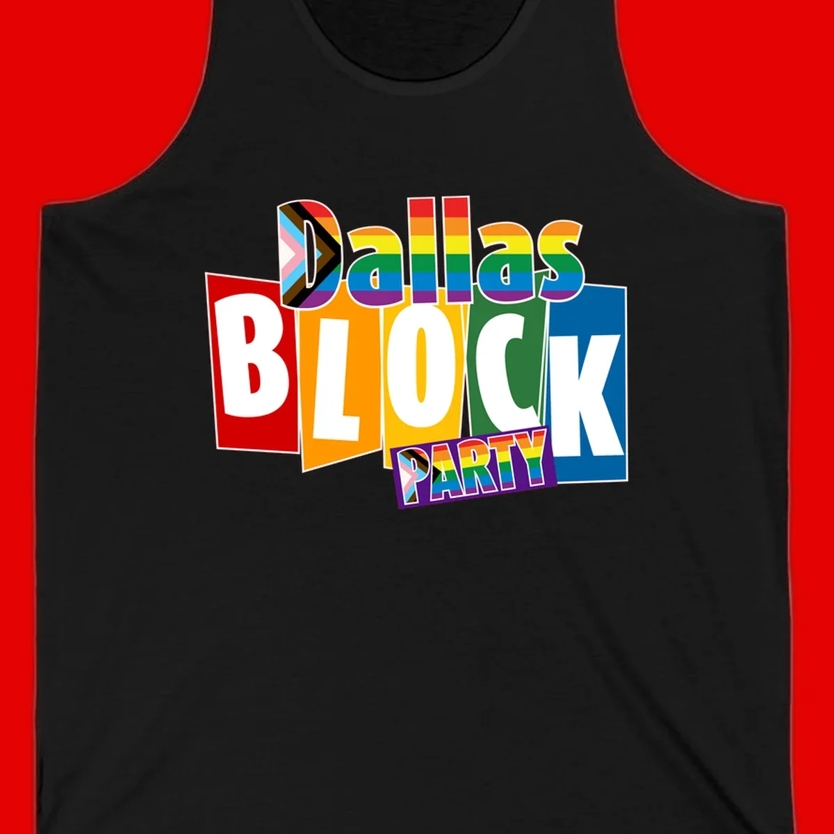 Dudes Block Party Pride design with colorful rainbow stripes, progress pride flag, and bold layered text celebrating LGBTQ+ pride