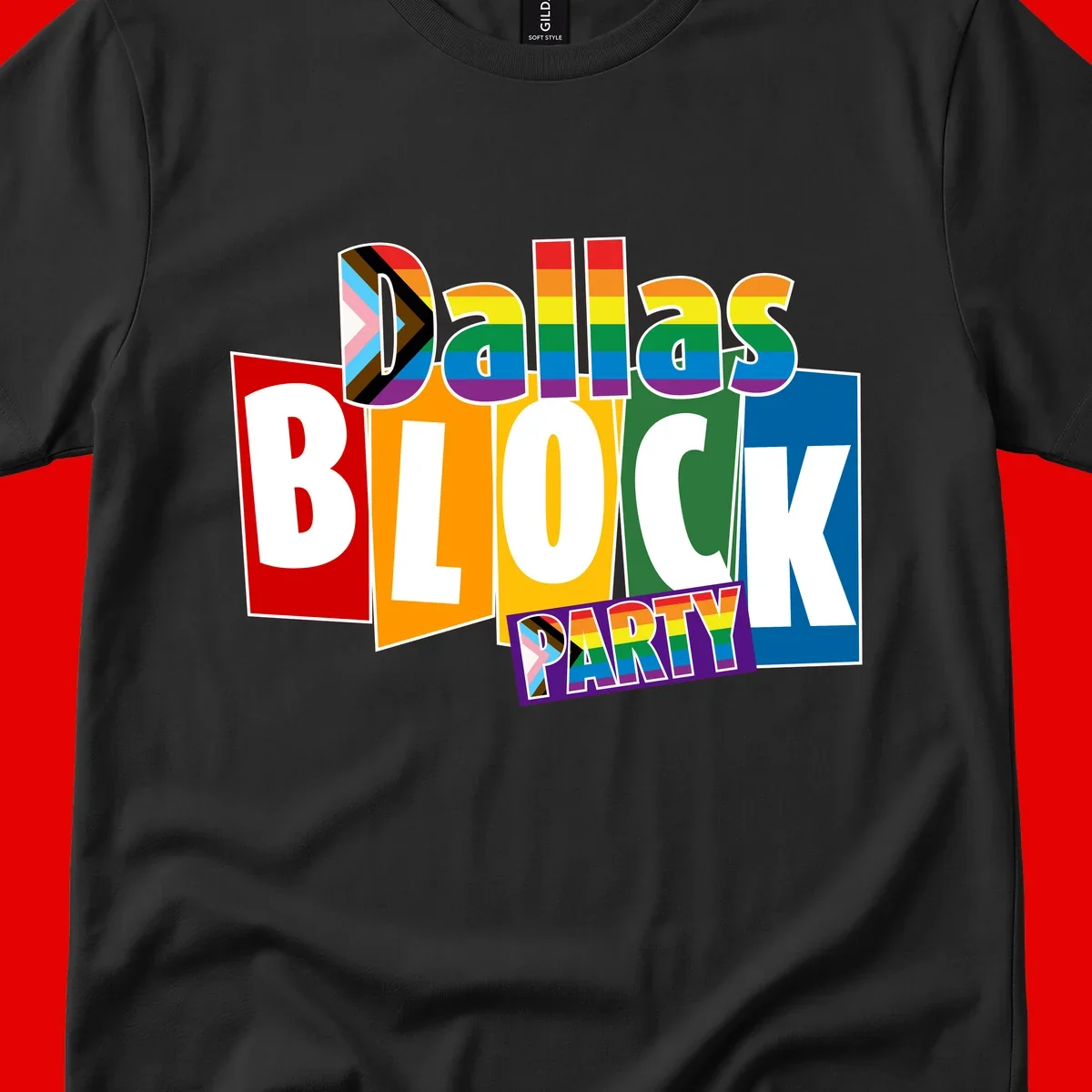 Dudes Block Party Pride design with colorful rainbow stripes, progress pride flag, and bold layered text celebrating LGBTQ+ pride