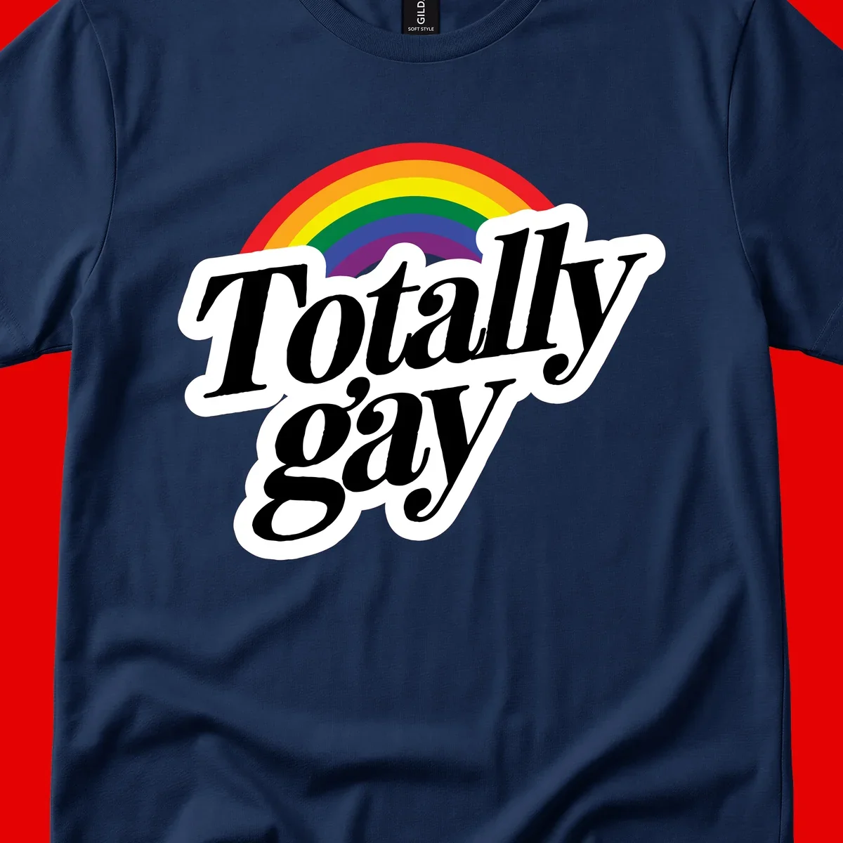 Totally gay pride design with rainbow arc and bold black text on white banner celebrating LGBTQ identity