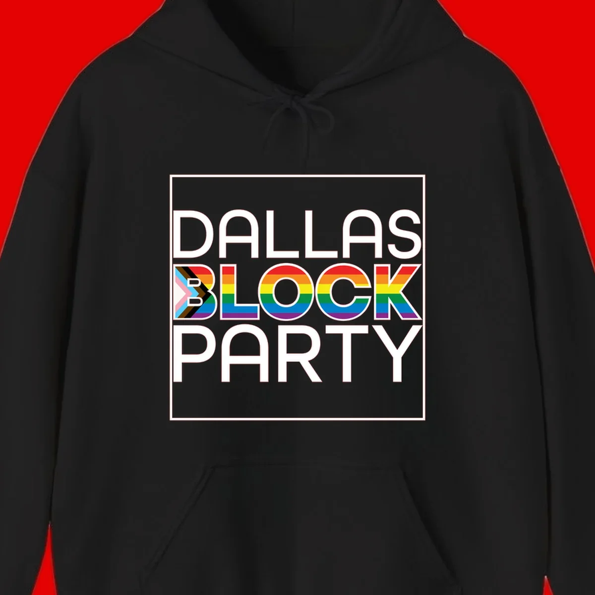Dallas Block Party Pride design with rainbow and progress pride flag colors integrated into bold white typography on gray background
