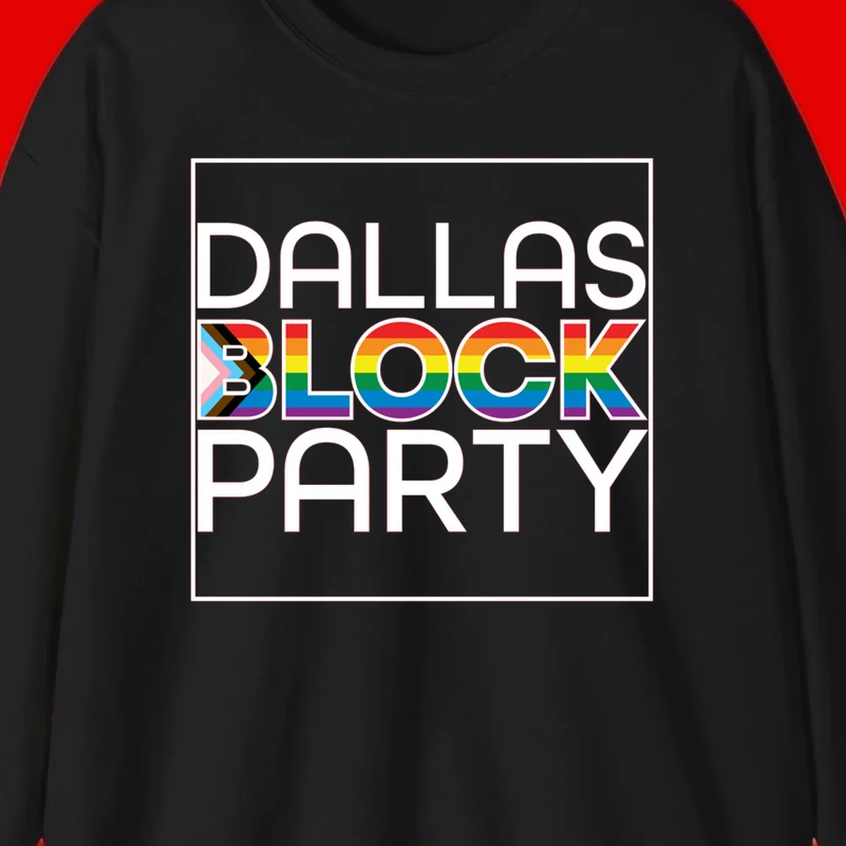 Dallas Block Party Pride design with rainbow and progress pride flag colors integrated into bold white typography on gray background