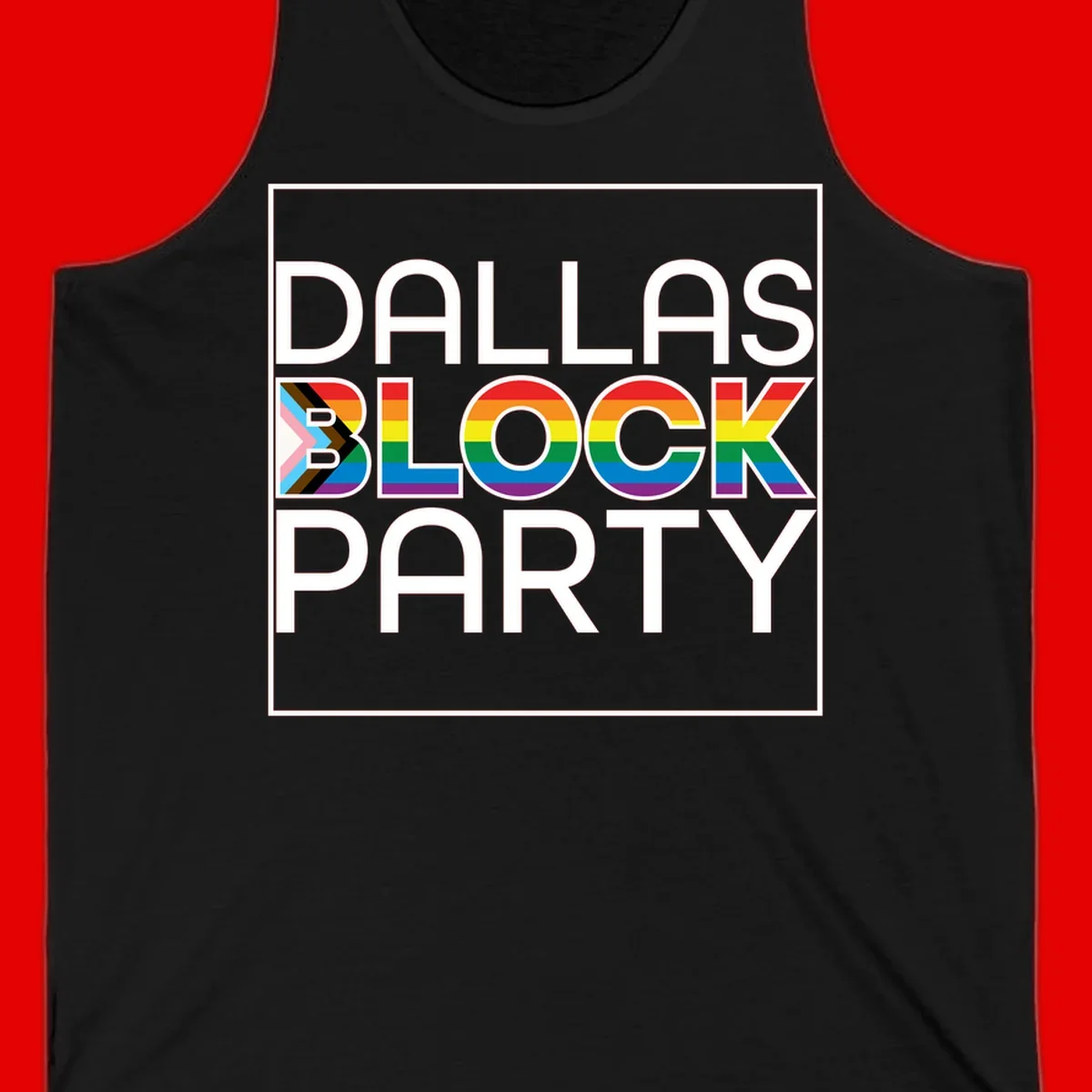 Dallas Block Party Pride design with rainbow and progress pride flag colors integrated into bold white typography on gray background