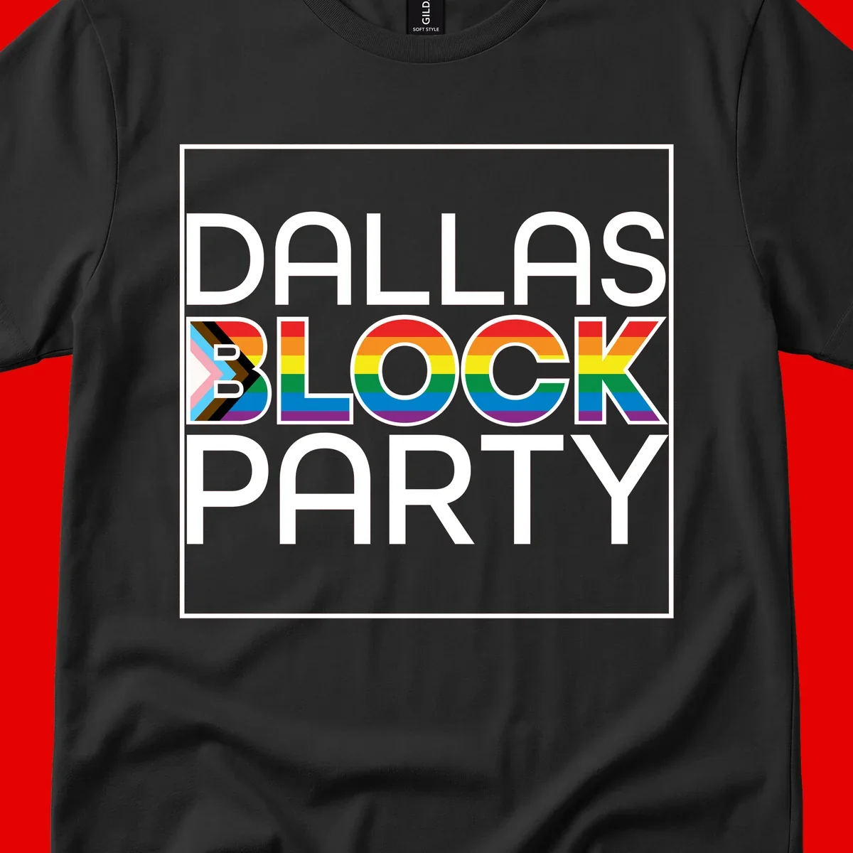 Dallas Block Party Pride design with rainbow and progress pride flag colors integrated into bold white typography on gray background