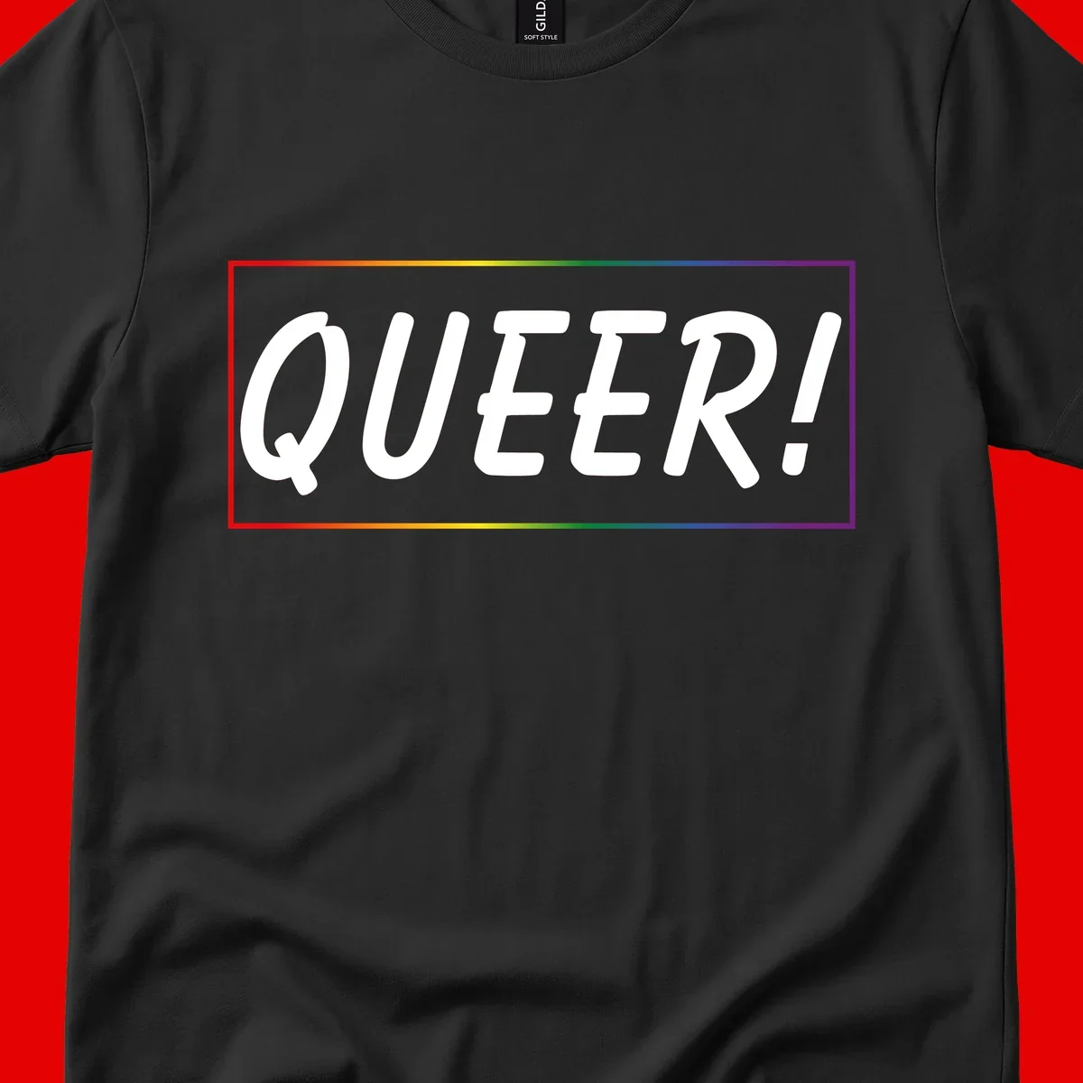 White bold text reading 'QUEER!' on gray background with rainbow gradient border representing pride colors