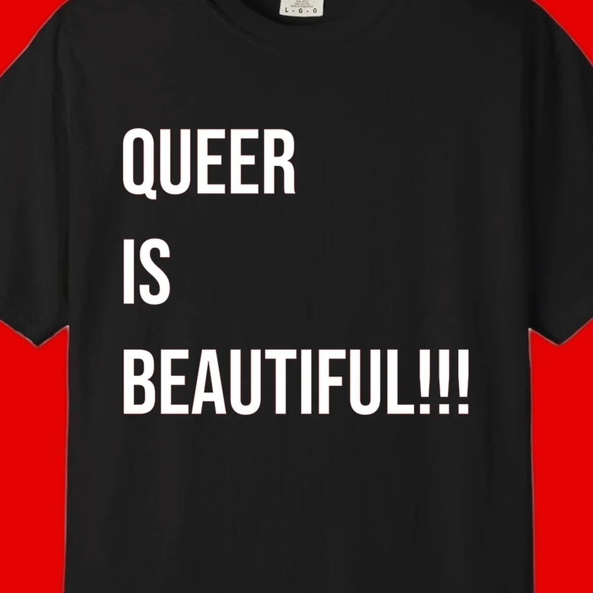 Bold white typography reading 'QUEER IS BEAUTIFUL!!!' on gray background, pride affirmation design