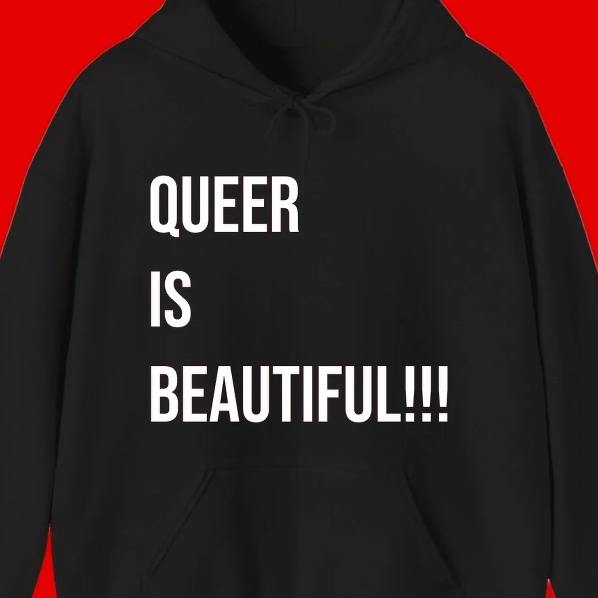 Bold white typography reading 'QUEER IS BEAUTIFUL!!!' on gray background, pride affirmation design