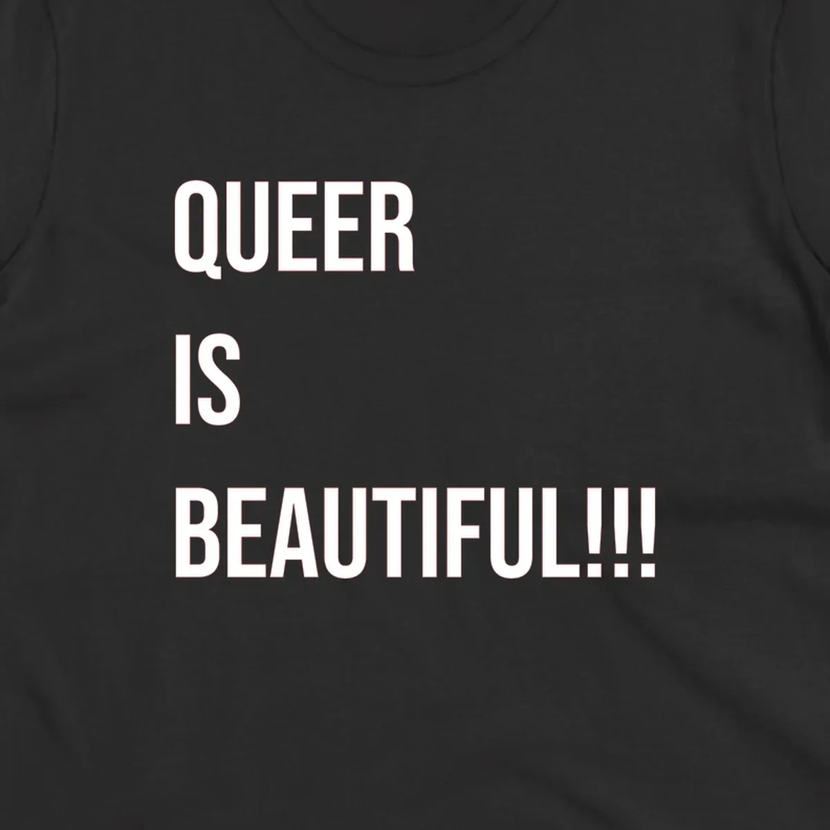 Bold white typography reading 'QUEER IS BEAUTIFUL!!!' on gray background, pride affirmation design