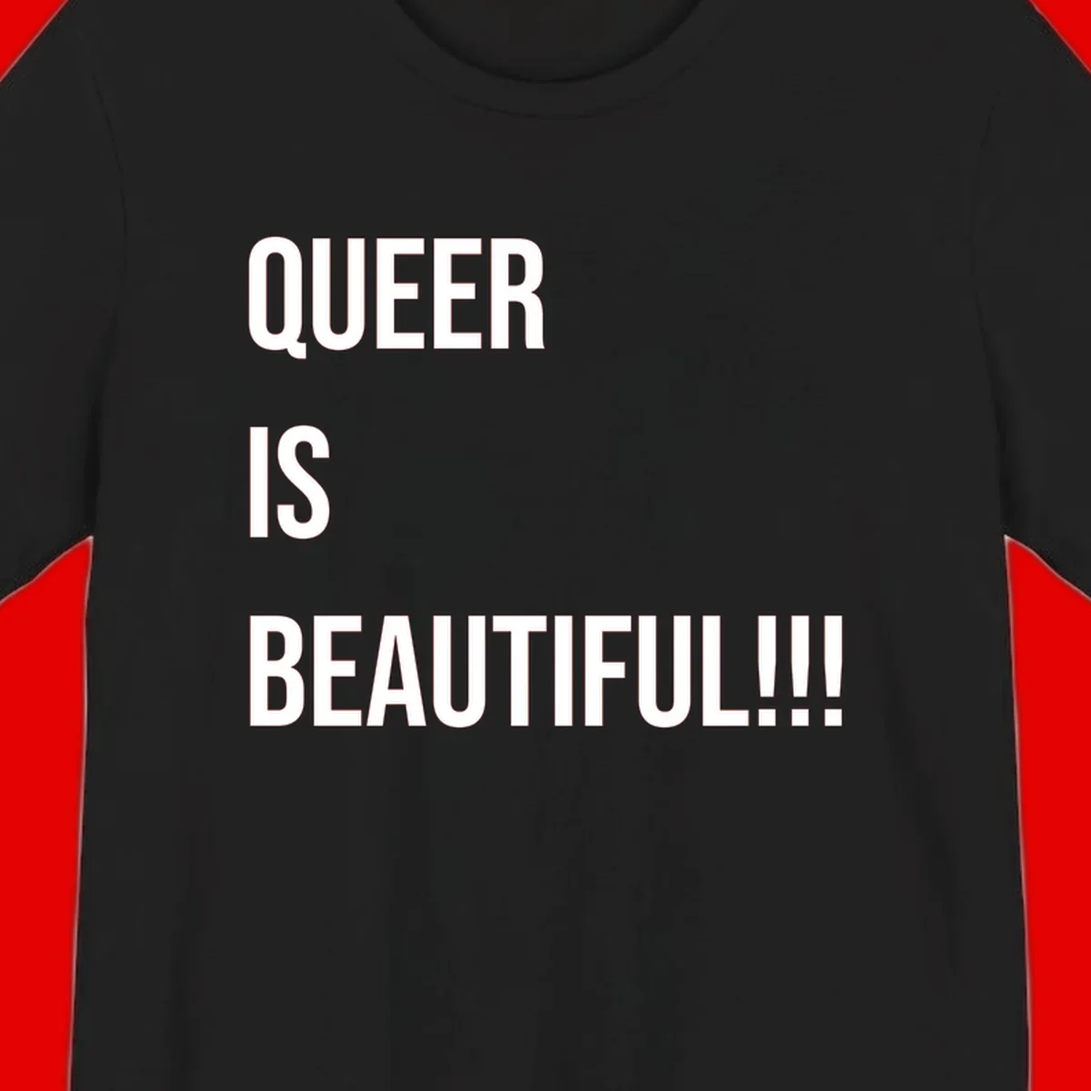 Bold white typography reading 'QUEER IS BEAUTIFUL!!!' on gray background, pride affirmation design