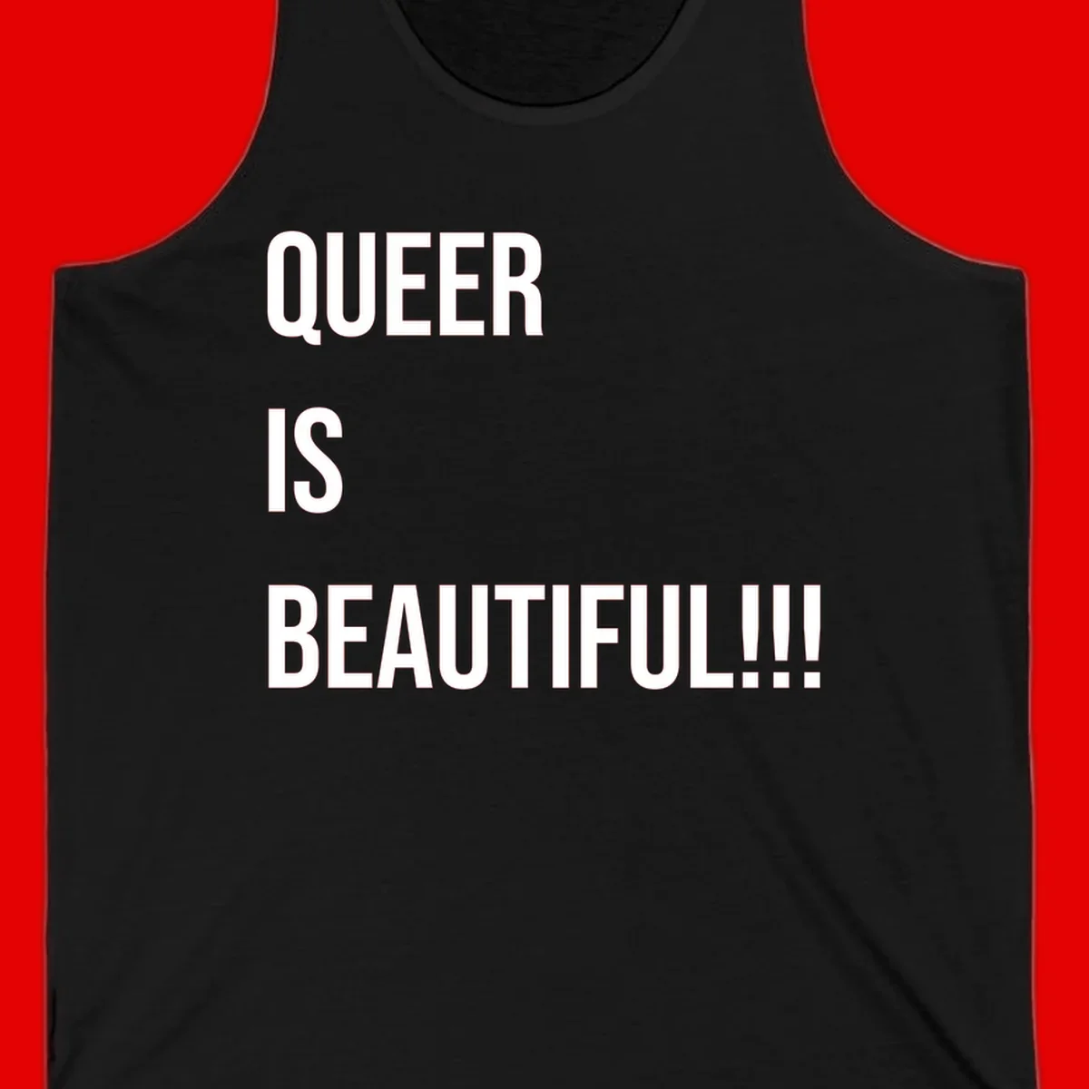 Bold white typography reading 'QUEER IS BEAUTIFUL!!!' on gray background, pride affirmation design