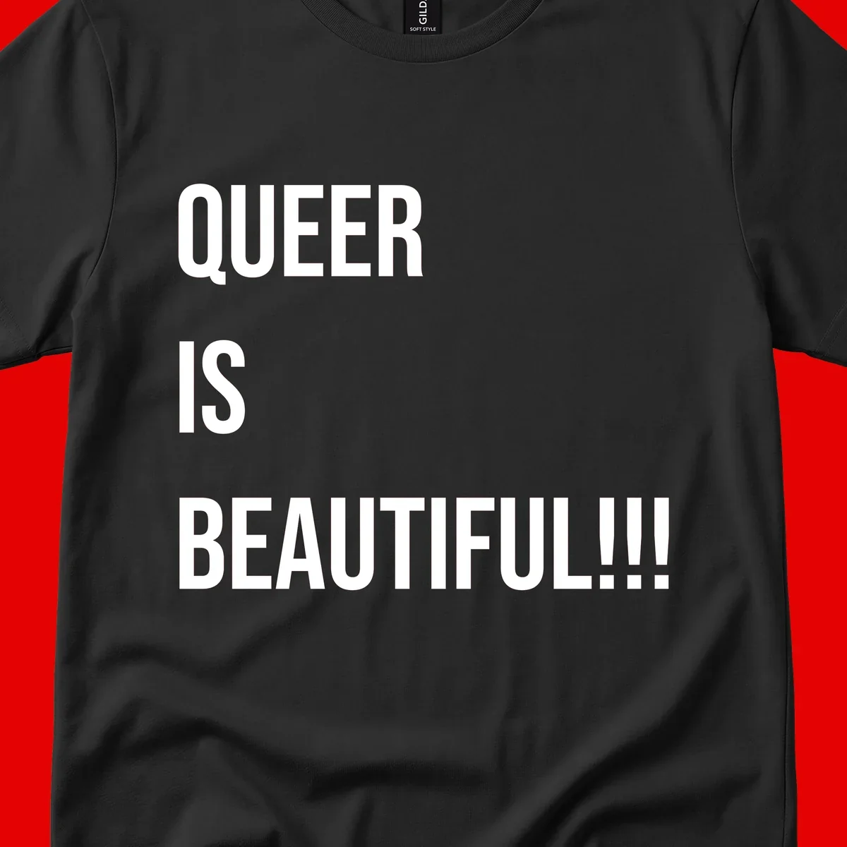Bold white typography reading 'QUEER IS BEAUTIFUL!!!' on gray background, pride affirmation design