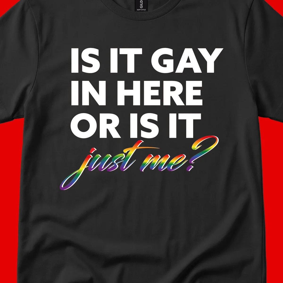 Bold white text reading "Is It Gay In Here Or Is It" with rainbow gradient lettering spelling "just me?" featuring pride flag colors on gray background