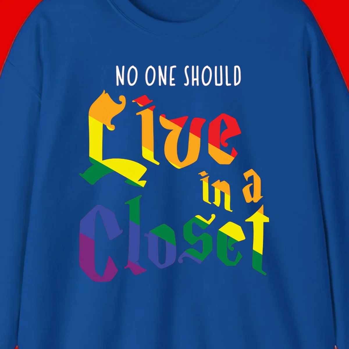 Colorful rainbow typography reading 'NO ONE SHOULD LIVE IN A CLOSET' with letters filled in pride flag colors