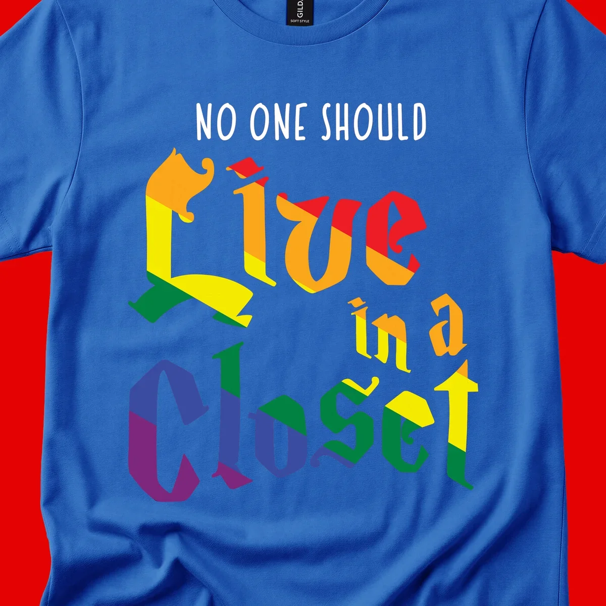 Colorful rainbow typography reading 'NO ONE SHOULD LIVE IN A CLOSET' with letters filled in pride flag colors
