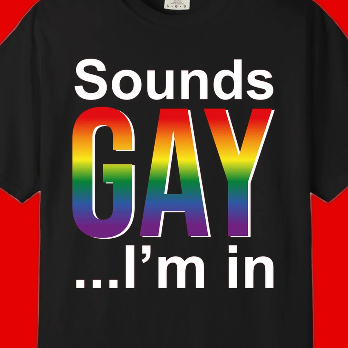 Sounds Gay I'm In design featuring large rainbow gradient letters spelling out the phrase against a gray background