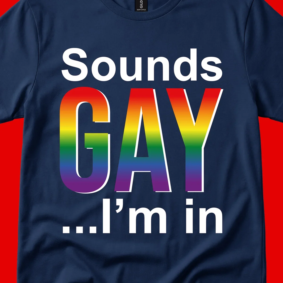 Sounds Gay I'm In design featuring large rainbow gradient letters spelling out the phrase against a gray background
