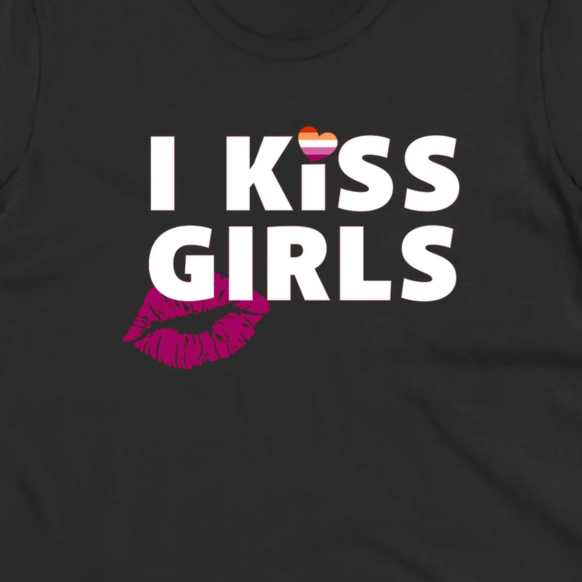 I Kiss Girls pride design with magenta lip print, rainbow heart, and bold white lettering celebrating lesbian identity