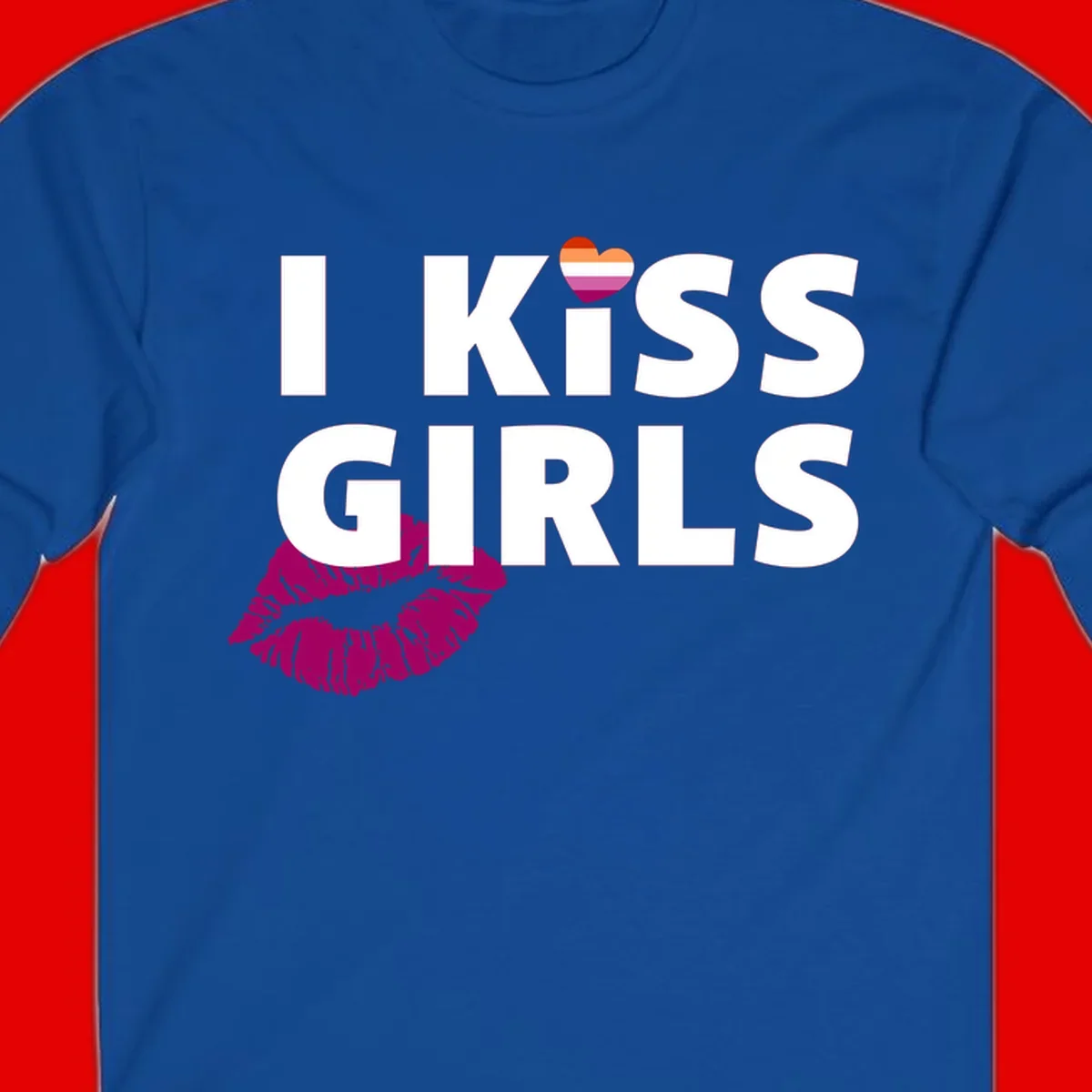 I Kiss Girls pride design with magenta lip print, rainbow heart, and bold white lettering celebrating lesbian identity