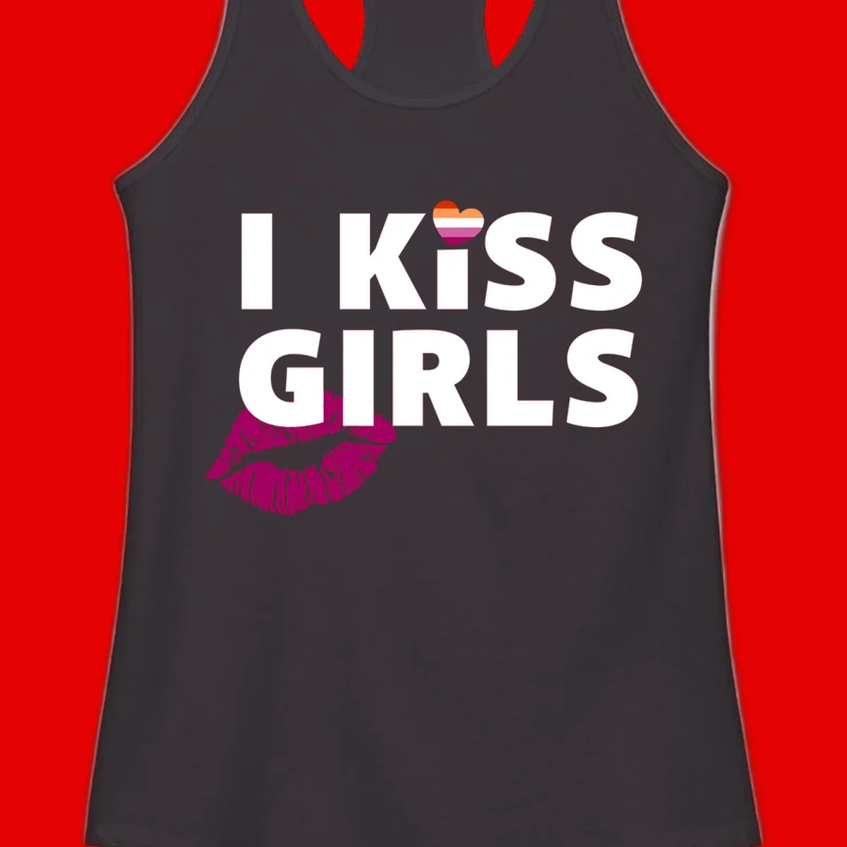I Kiss Girls pride design with magenta lip print, rainbow heart, and bold white lettering celebrating lesbian identity