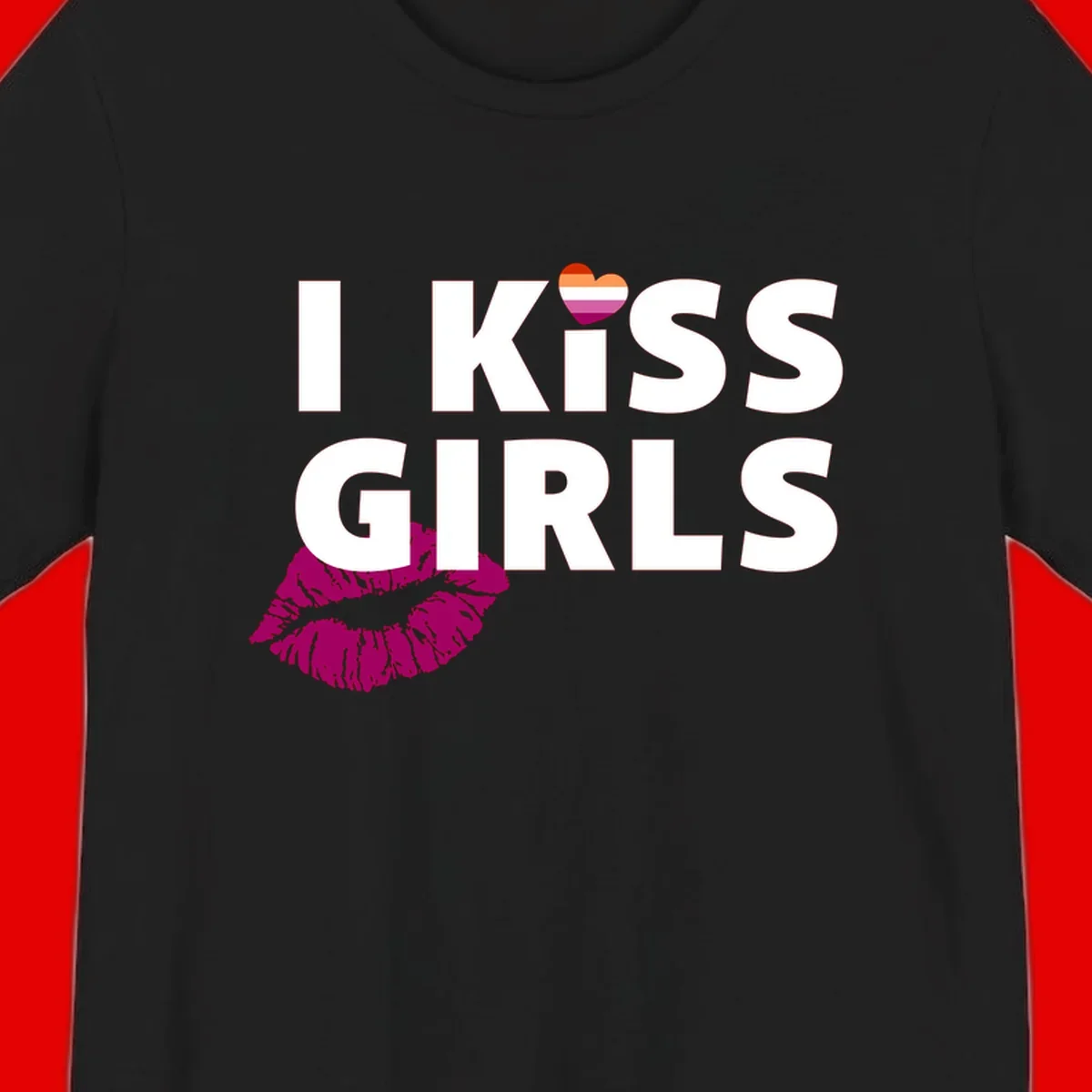 I Kiss Girls pride design with magenta lip print, rainbow heart, and bold white lettering celebrating lesbian identity