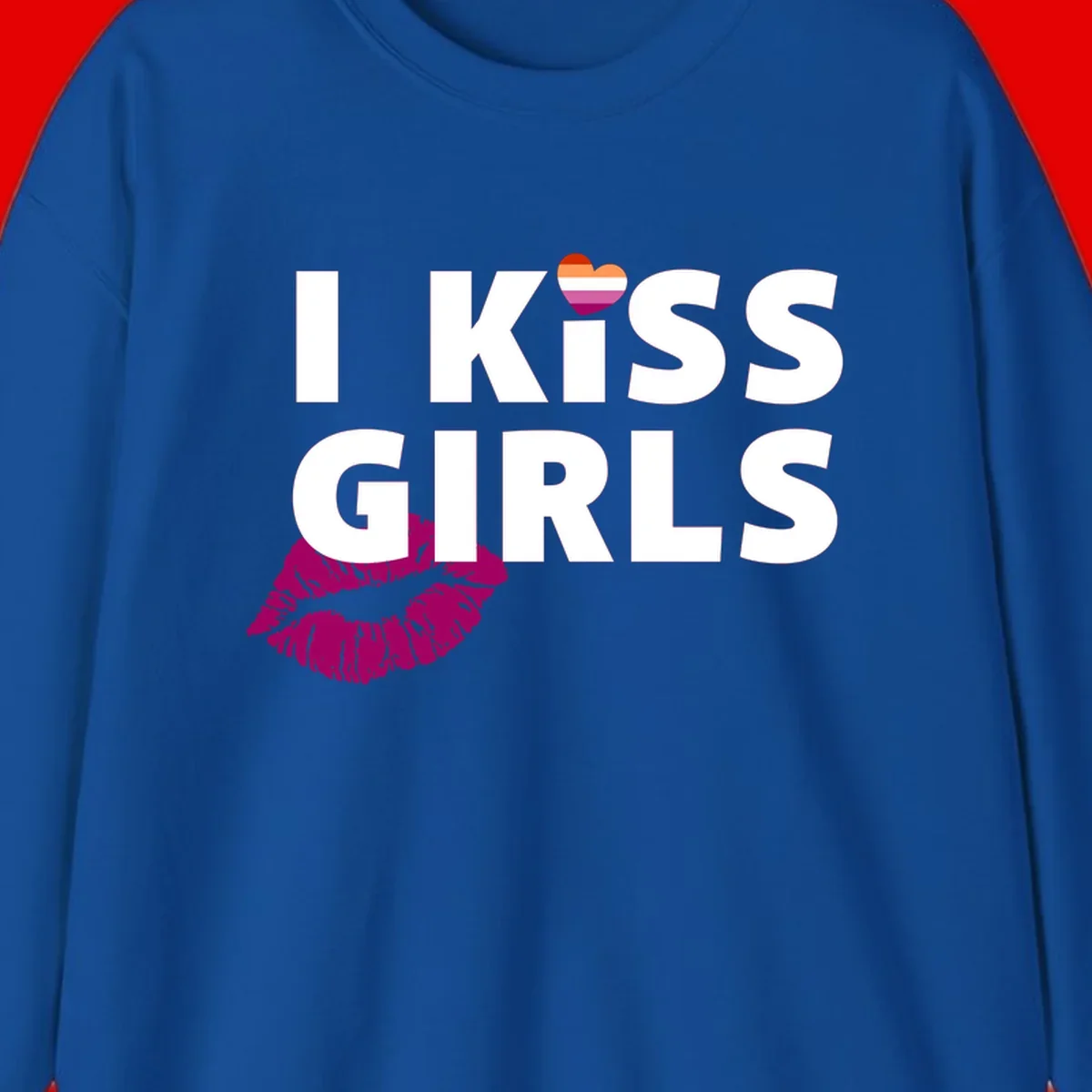 I Kiss Girls pride design with magenta lip print, rainbow heart, and bold white lettering celebrating lesbian identity