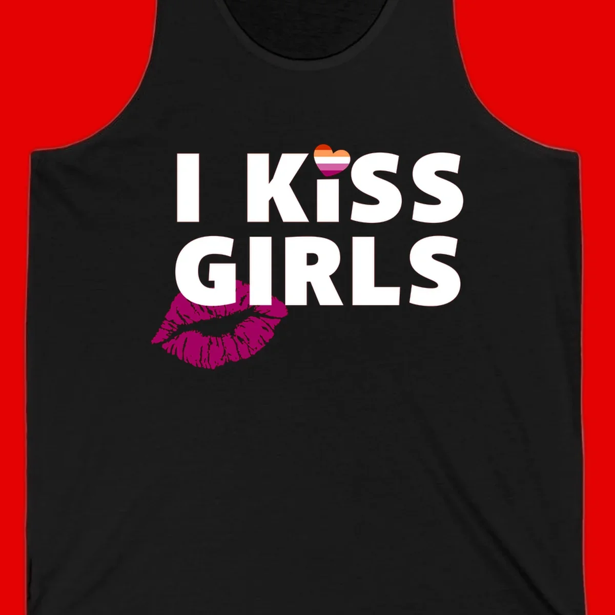 I Kiss Girls pride design with magenta lip print, rainbow heart, and bold white lettering celebrating lesbian identity