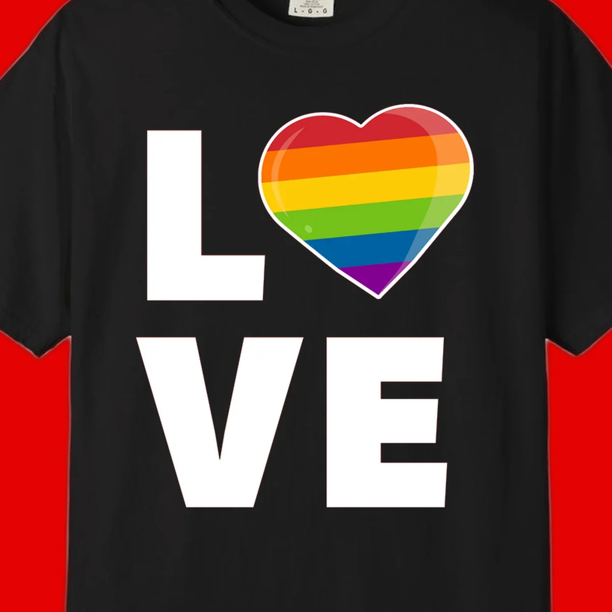 Love is love pride design featuring large white LOVE text with a rainbow-striped heart symbol