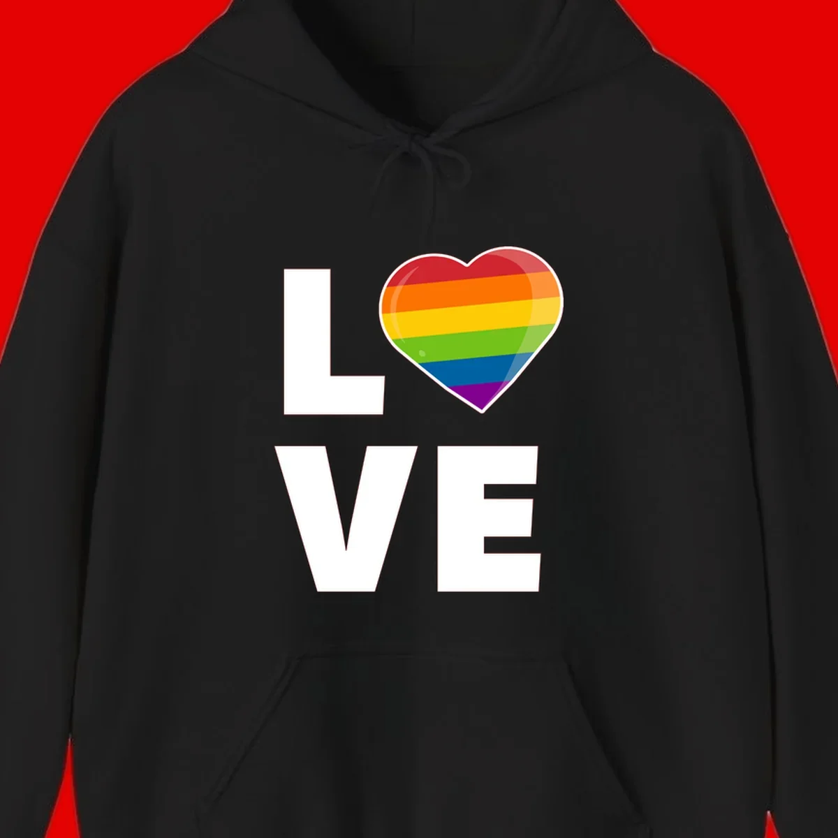 Love is love pride design featuring large white LOVE text with a rainbow-striped heart symbol