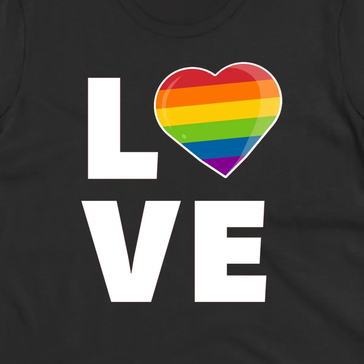 Love is love pride design featuring large white LOVE text with a rainbow-striped heart symbol