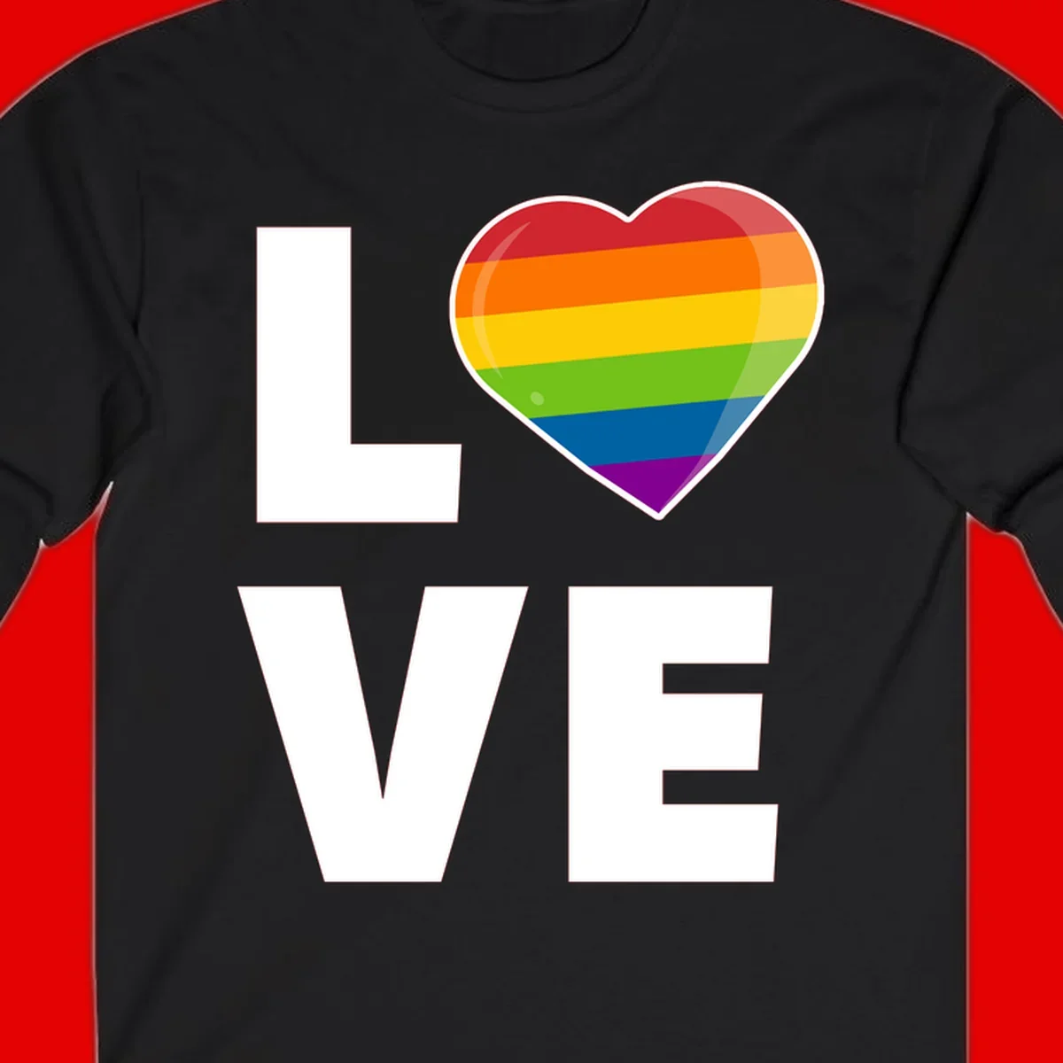 Love is love pride design featuring large white LOVE text with a rainbow-striped heart symbol