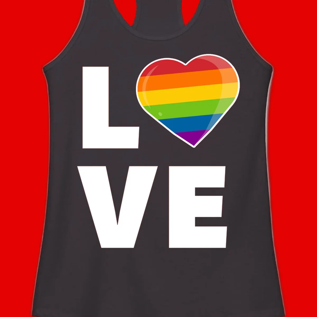 Love is love pride design featuring large white LOVE text with a rainbow-striped heart symbol