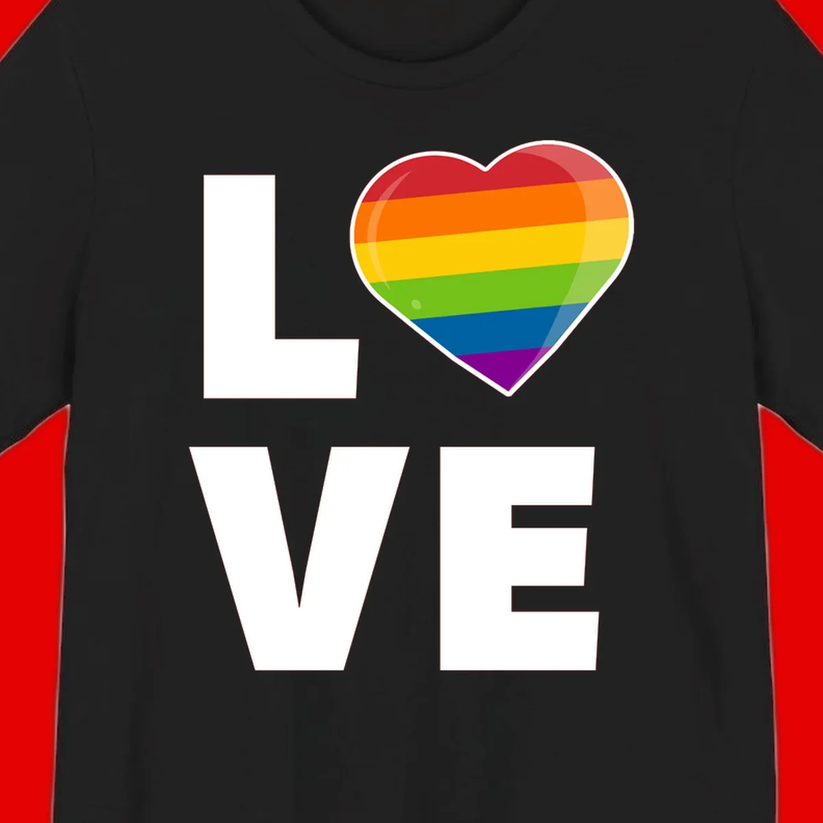Love is love pride design featuring large white LOVE text with a rainbow-striped heart symbol