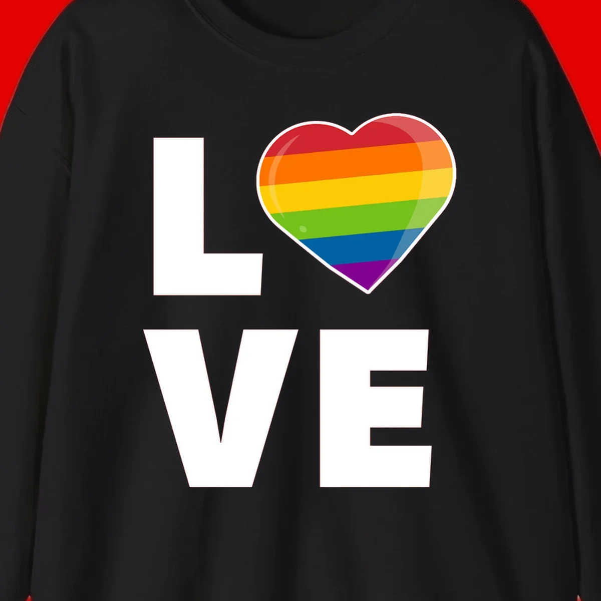 Love is love pride design featuring large white LOVE text with a rainbow-striped heart symbol