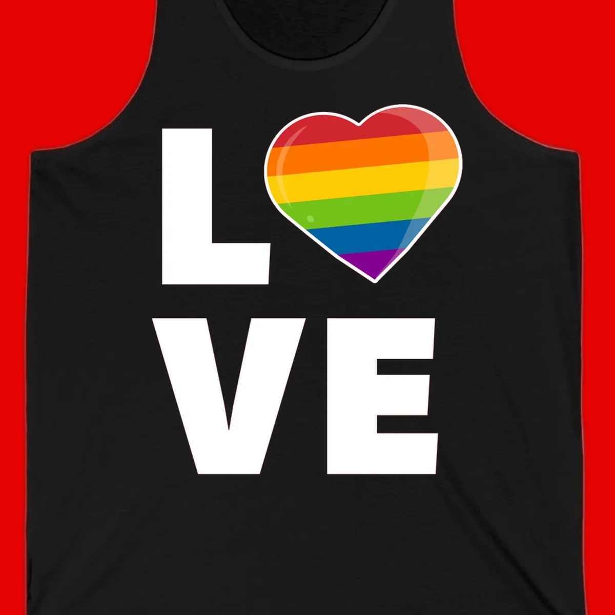 Love is love pride design featuring large white LOVE text with a rainbow-striped heart symbol