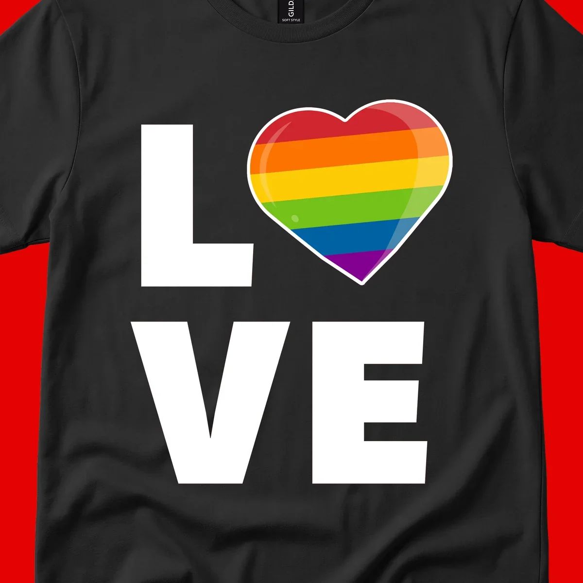 Love is love pride design featuring large white LOVE text with a rainbow-striped heart symbol