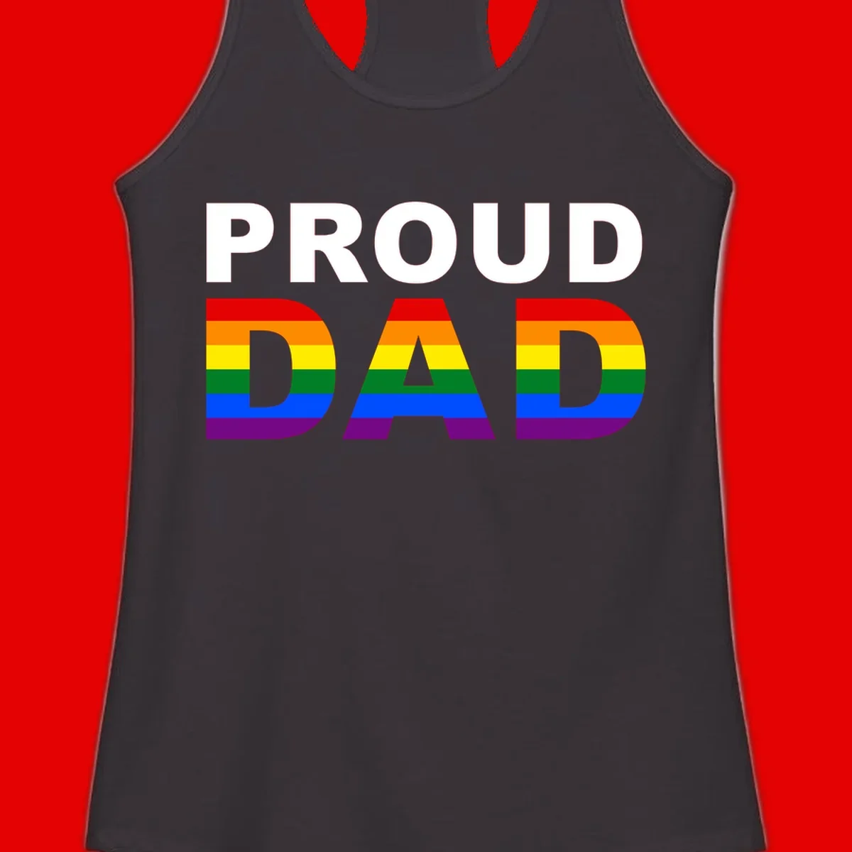 Proud Dad text with rainbow pride flag stripes in red, orange, yellow, green, blue, and purple colors