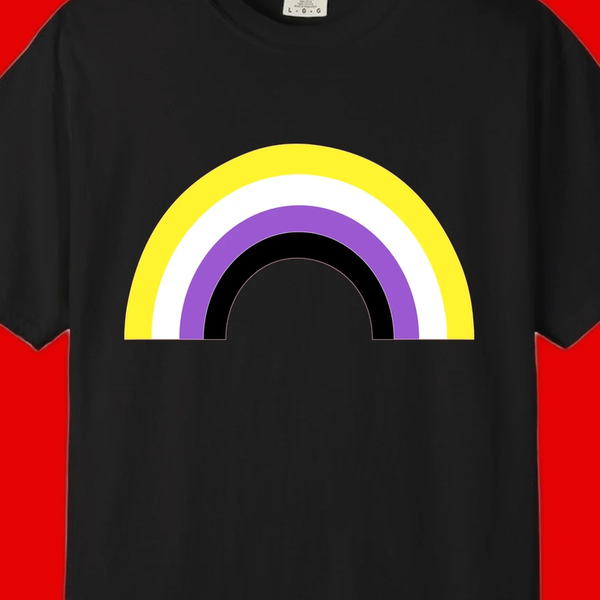 Concentric pride rainbow design with five nested semicircular arcs in yellow, white, purple, black, and gray bands.