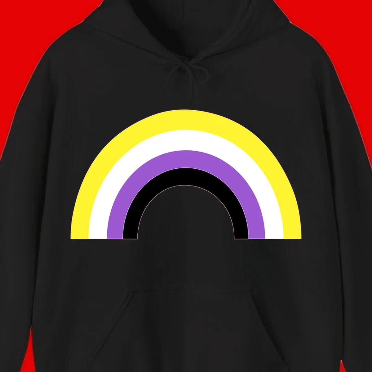 Concentric pride rainbow design with five nested semicircular arcs in yellow, white, purple, black, and gray bands.