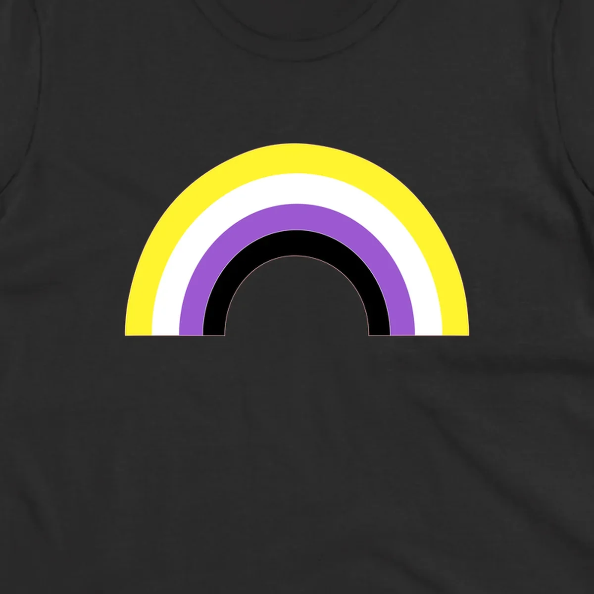Concentric pride rainbow design with five nested semicircular arcs in yellow, white, purple, black, and gray bands.
