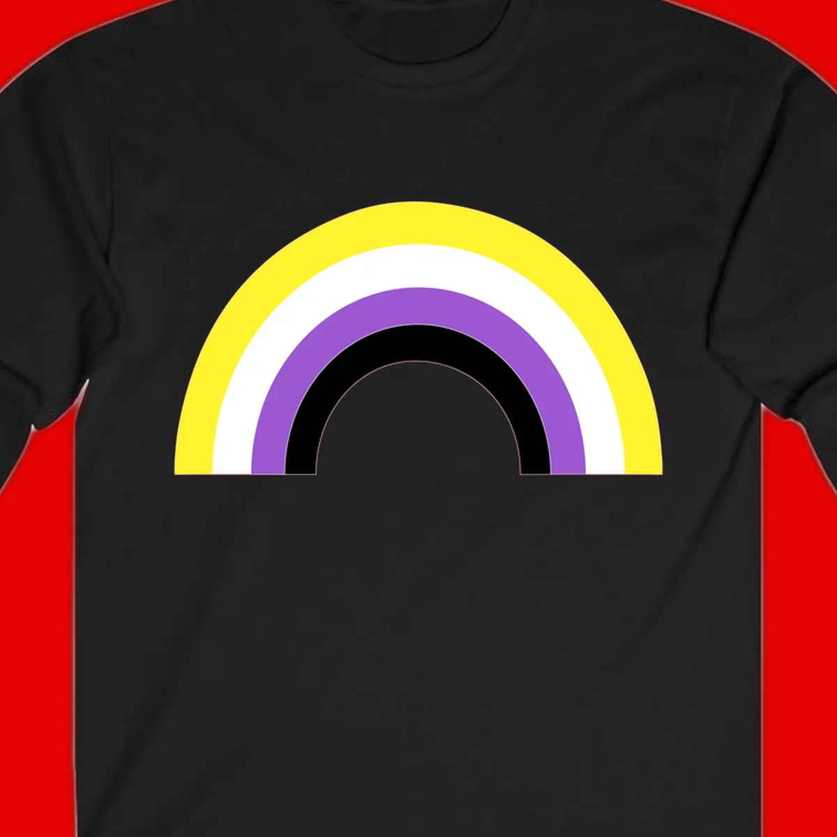 Concentric pride rainbow design with five nested semicircular arcs in yellow, white, purple, black, and gray bands.