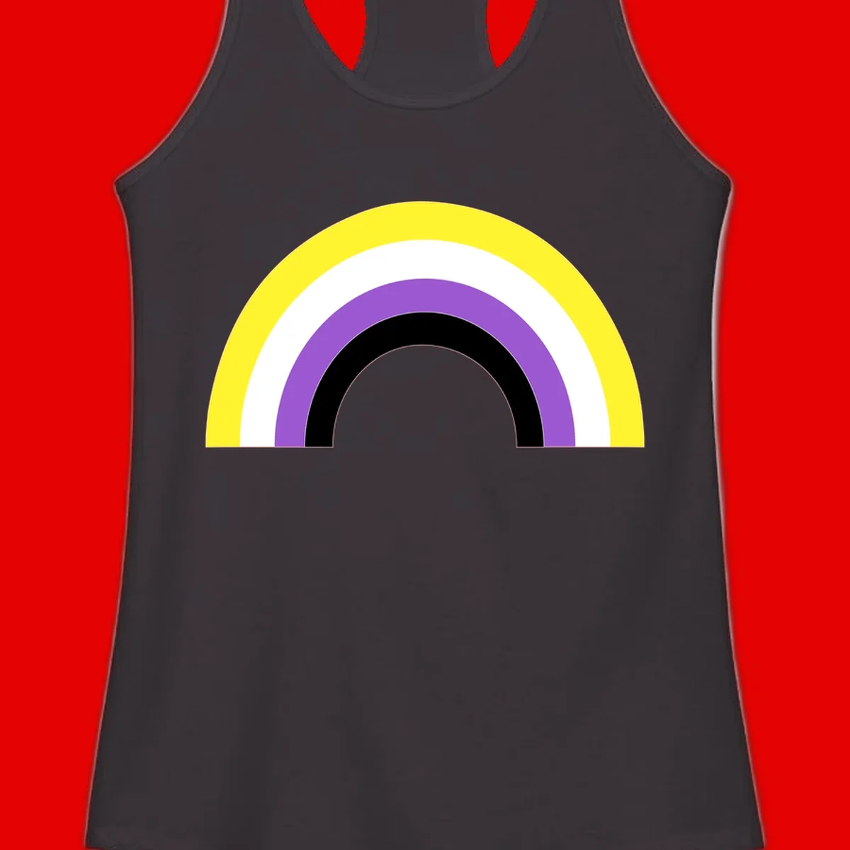 Concentric pride rainbow design with five nested semicircular arcs in yellow, white, purple, black, and gray bands.