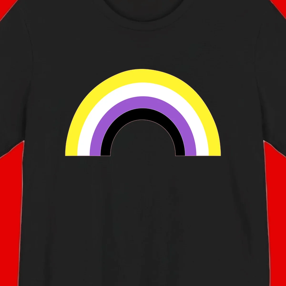 Concentric pride rainbow design with five nested semicircular arcs in yellow, white, purple, black, and gray bands.