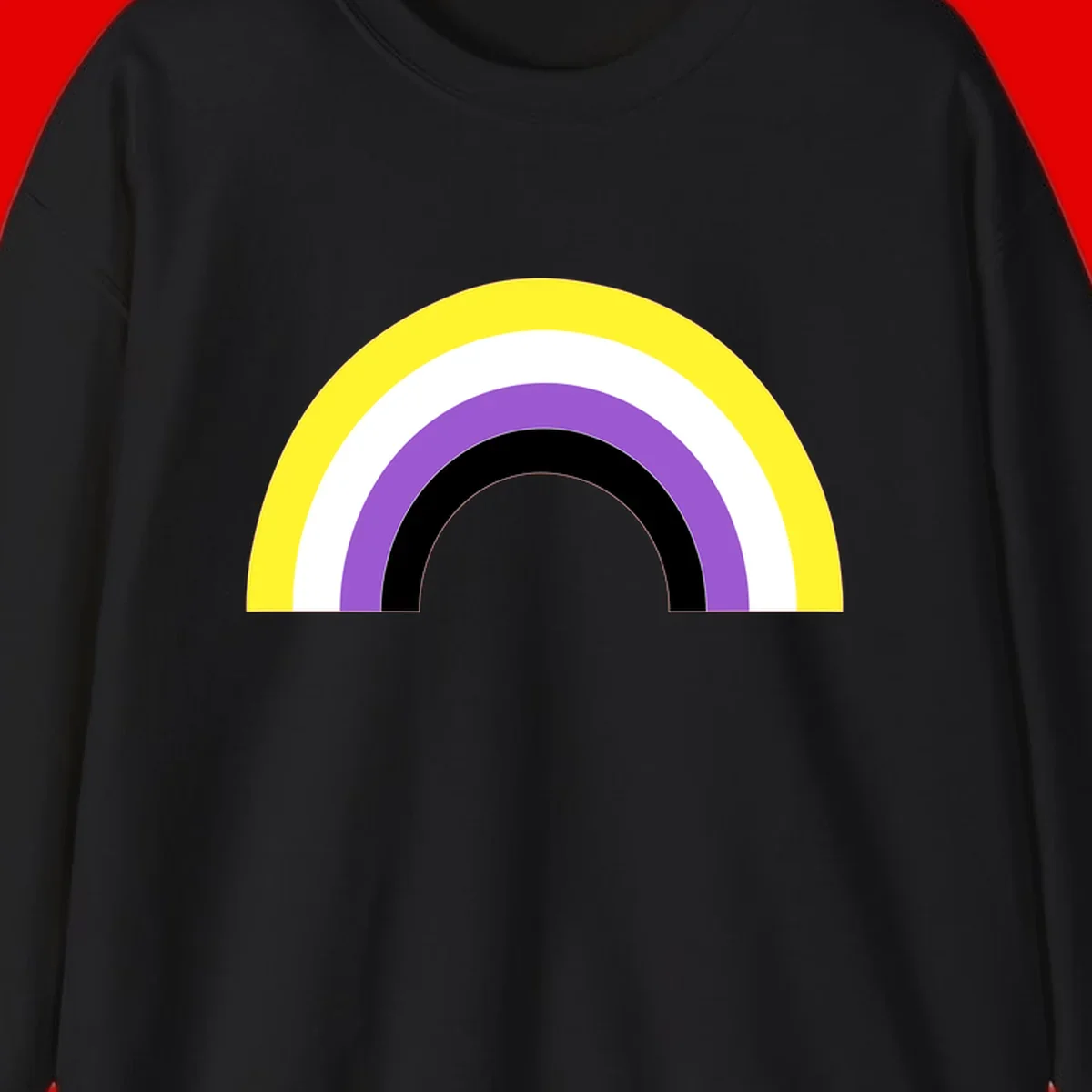 Concentric pride rainbow design with five nested semicircular arcs in yellow, white, purple, black, and gray bands.