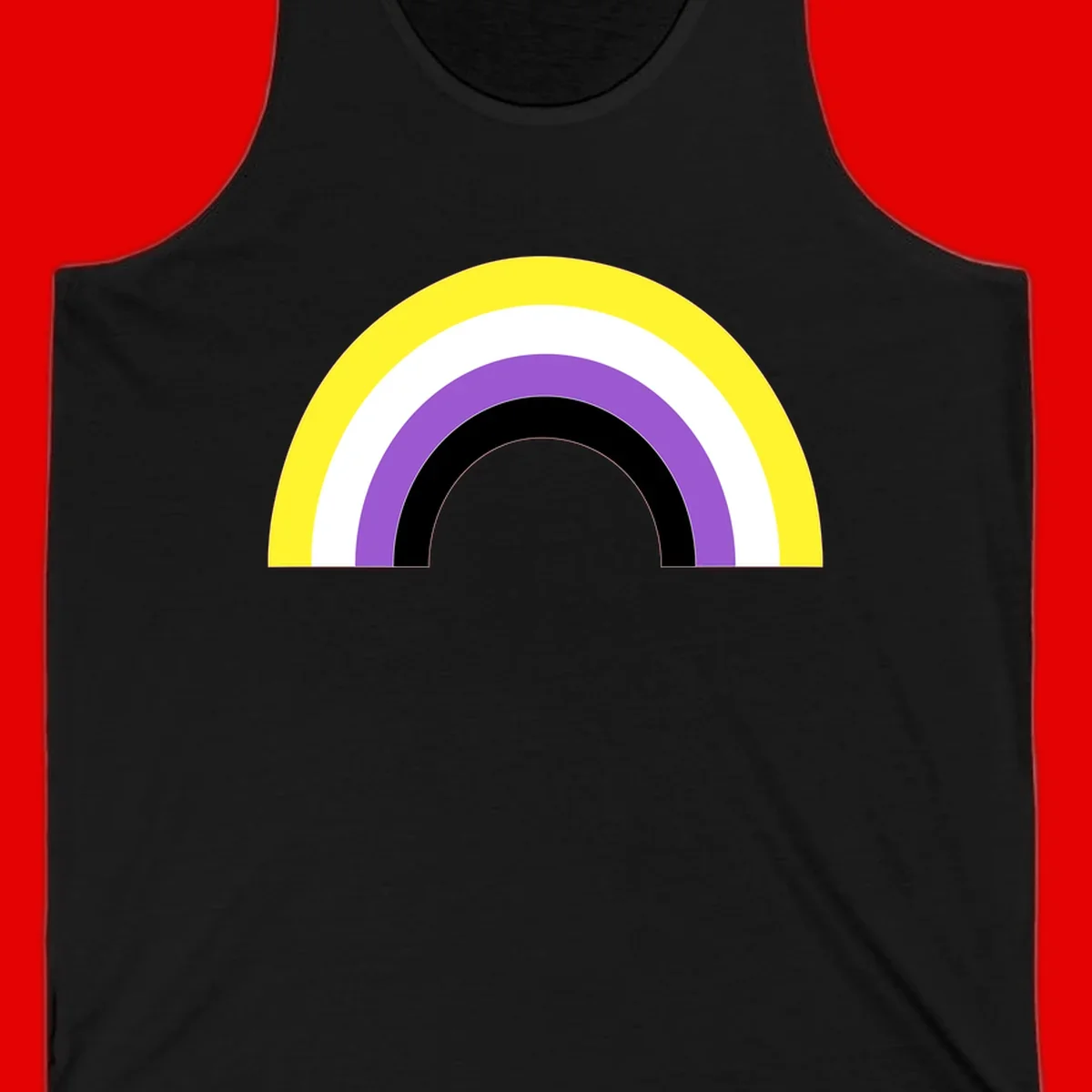 Concentric pride rainbow design with five nested semicircular arcs in yellow, white, purple, black, and gray bands.