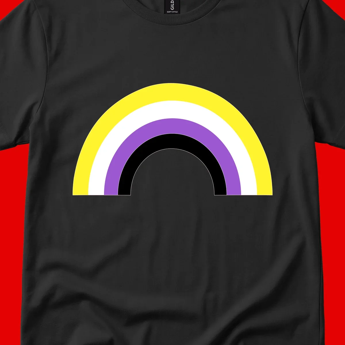 Concentric pride rainbow design with five nested semicircular arcs in yellow, white, purple, black, and gray bands.