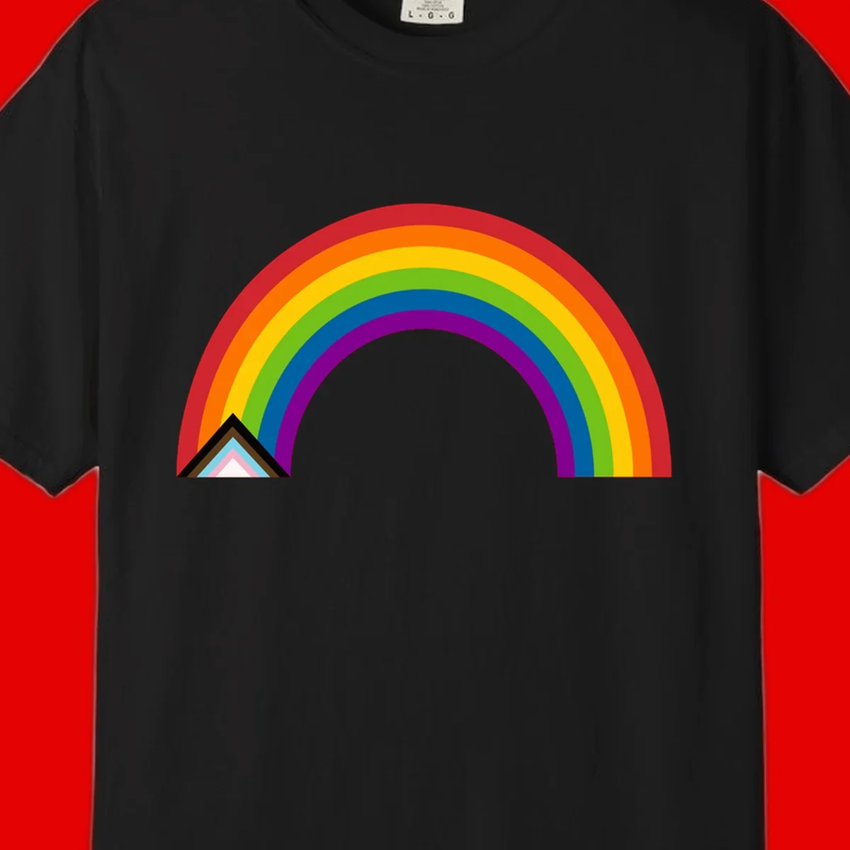 Vibrant rainbow arc with nested geometric mountain peak triangles in pride colors on gray background