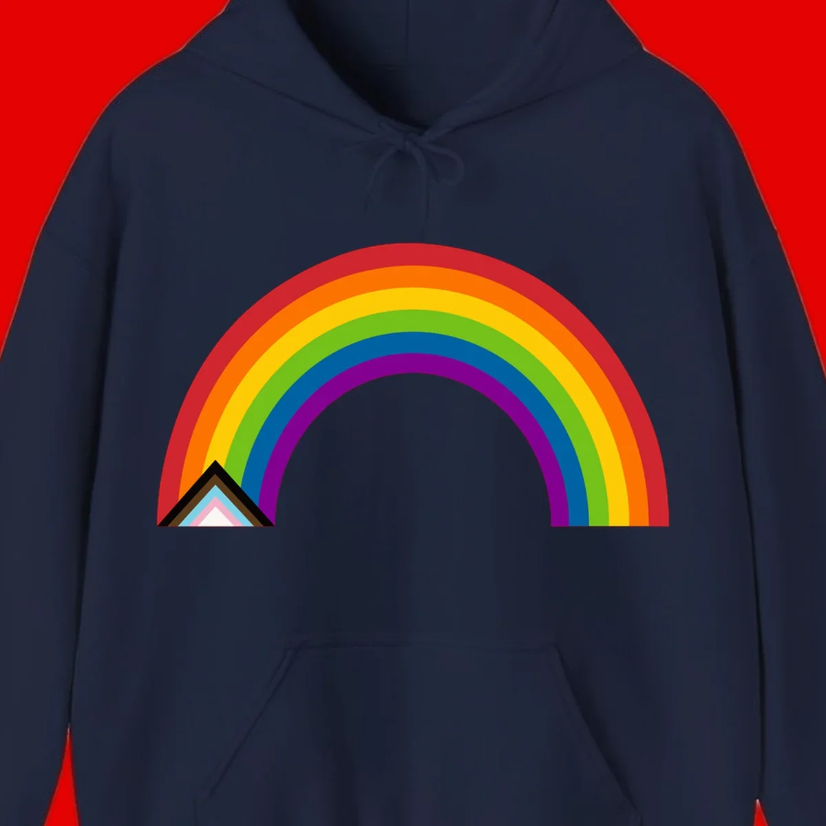 Vibrant rainbow arc with nested geometric mountain peak triangles in pride colors on gray background