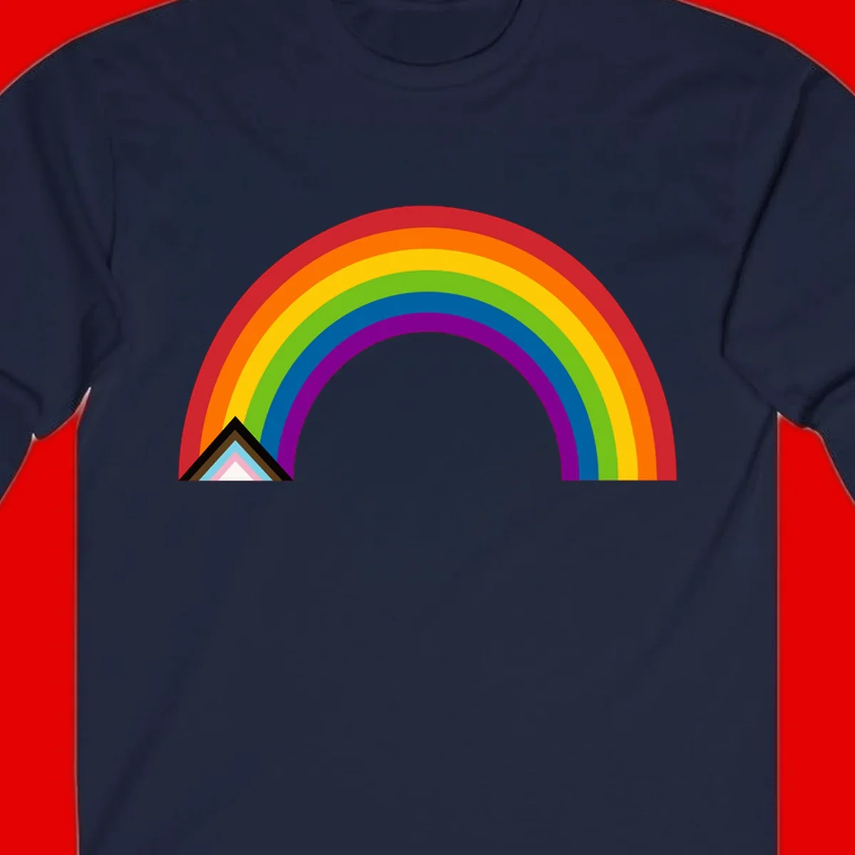 Vibrant rainbow arc with nested geometric mountain peak triangles in pride colors on gray background