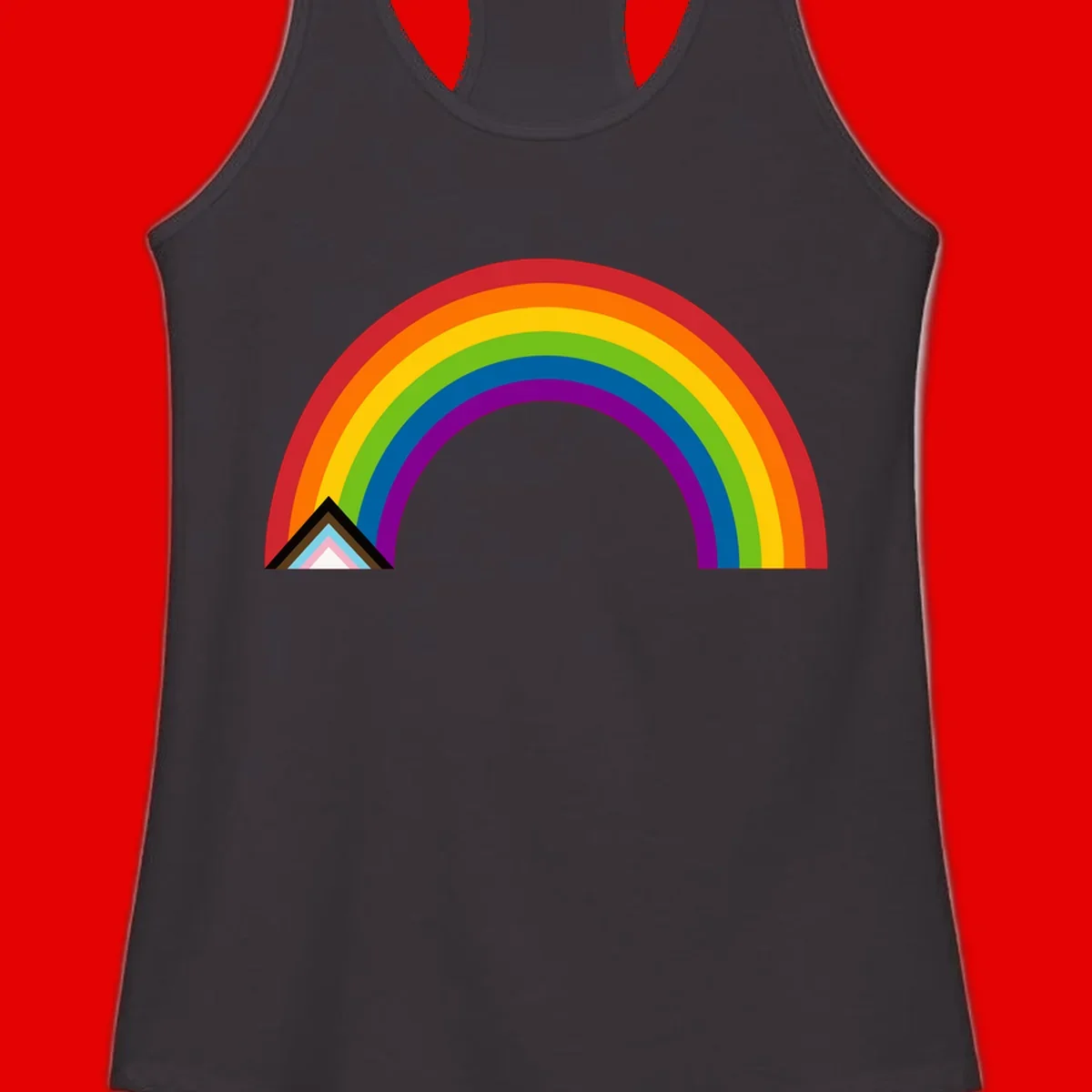 Vibrant rainbow arc with nested geometric mountain peak triangles in pride colors on gray background