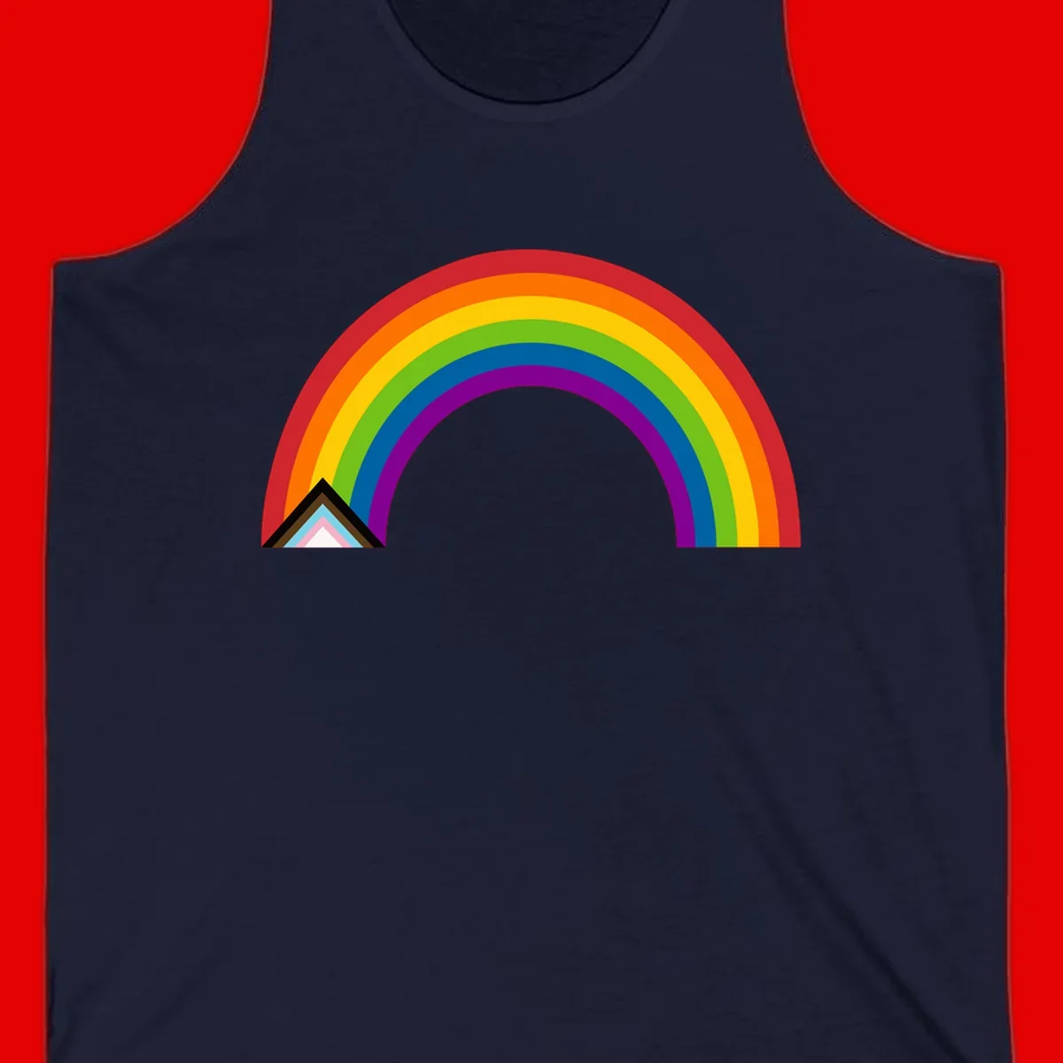 Vibrant rainbow arc with nested geometric mountain peak triangles in pride colors on gray background